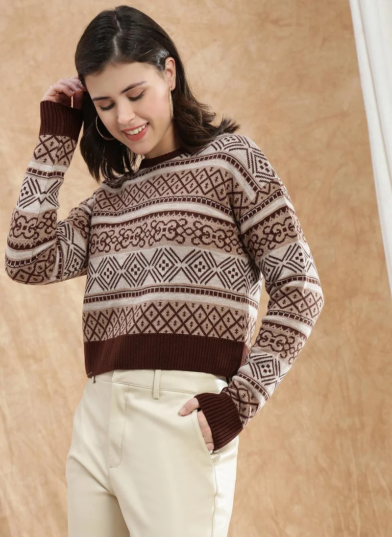 جلو باص كنزة صوف نسائية برقبة مستديرة وأكمام طويلة بتصميم ذاتي من الأكريليك للشتاء