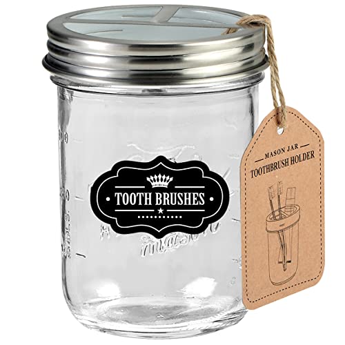 Komashr Mason Jar Toothbrush Holder - Brushed Nickel - with 16 Ounce Ball Mason Jar,Premium Rustproof 304 Stainless Steel Lid and Chalkboard Labels - Rustic Farmhouse Decor Black Bathroom Accessories - Image 1
