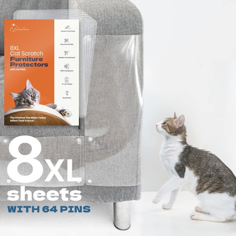 KatSupreme Cat Scratch Furniture Protector - Couch and Sofa Guards - 8 XL Sheets with 64 Pins (8 XL Sheets and 64 Pins) - Image 1