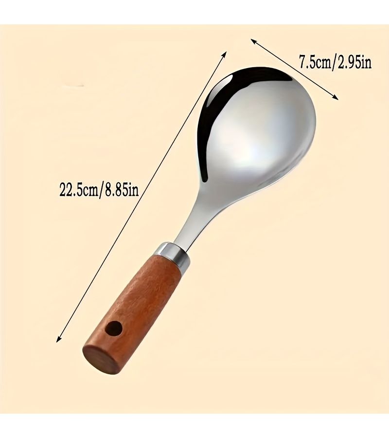 Set Of Two Stainless Steel Soup Spoons With Wooden Handles Non Stick Kitchen Tools For Cooking Home Meals And Table Serving - Image 5