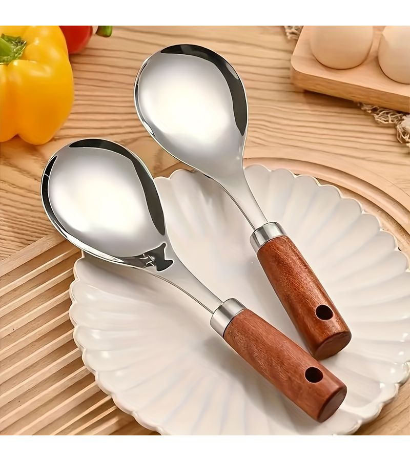 Set Of Two Stainless Steel Soup Spoons With Wooden Handles Non Stick Kitchen Tools For Cooking Home Meals And Table Serving - Image 2