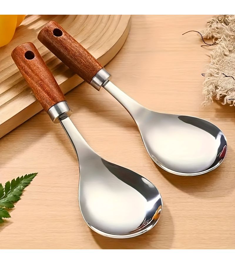 Set Of Two Stainless Steel Soup Spoons With Wooden Handles Non Stick Kitchen Tools For Cooking Home Meals And Table Serving - Image 3