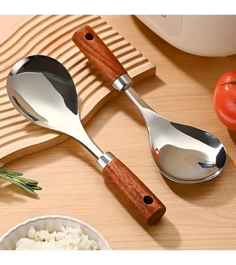 Set Of Two Stainless Steel Soup Spoons With Wooden Handles Non Stick Kitchen Tools For Cooking Home Meals And Table Serving - Image 1