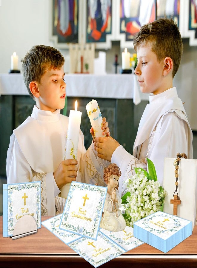 Dydamud First Communion Decorations for Boys, 50pcs Blue Baptism Napkins First Communion Paper Napkins for Baptism Decorations, Easter Party, First Communion Party Supplies - Image 2