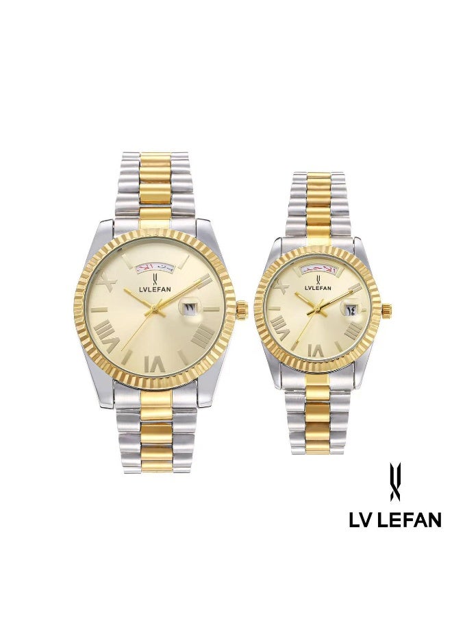 ليفان طقم ساعة يد للزوجين ضد الماء الفولاذ المقاوم للصدأ حزام زوجين الكوارتز ووتش مجموعة، الفاخرة مضيئة للماء التقويم ووتش هدية