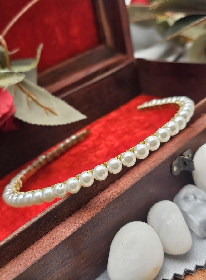 Twinsho Elegant Pearl Headband, White Faux Pearls with Gold-Tone Setting, Pearl Hair Headband, Party wedding Classic Headband for Women and Girls - Image 1