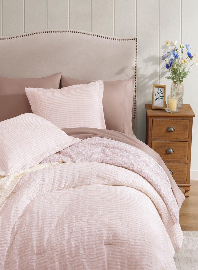 BLOOMHAVEN Queen Comforter Set - 7 Pieces Pink Gauze Muslin Bedding Sets for All Seasonss, Lightweight Breathable Bed in a Bag Queen with Revesible Farmhouse Comforter, Sheets, Pillowcases & Shams - Image 2