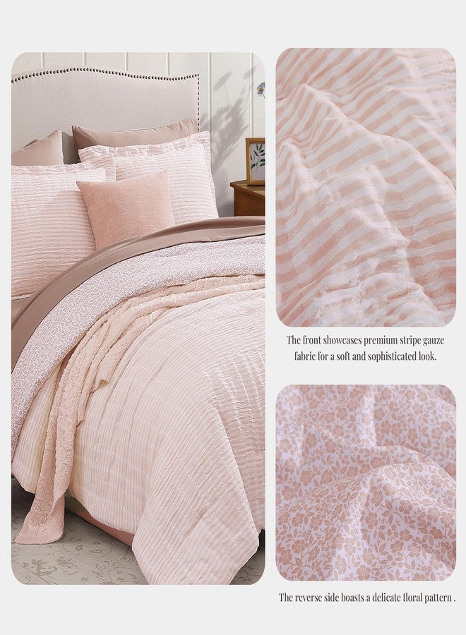 BLOOMHAVEN Queen Comforter Set - 7 Pieces Pink Gauze Muslin Bedding Sets for All Seasonss, Lightweight Breathable Bed in a Bag Queen with Revesible Farmhouse Comforter, Sheets, Pillowcases & Shams - Image 3