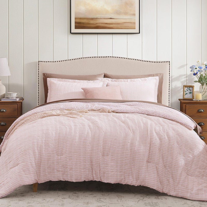 BLOOMHAVEN Queen Comforter Set - 7 Pieces Pink Gauze Muslin Bedding Sets for All Seasonss, Lightweight Breathable Bed in a Bag Queen with Revesible Farmhouse Comforter, Sheets, Pillowcases & Shams - Image 1