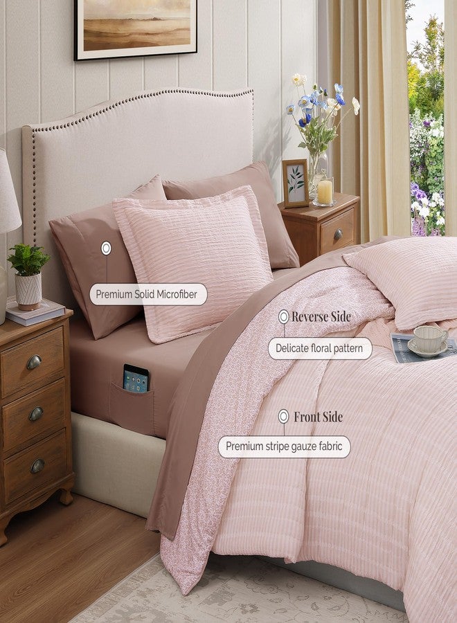 BLOOMHAVEN Queen Comforter Set - 7 Pieces Pink Gauze Muslin Bedding Sets for All Seasonss, Lightweight Breathable Bed in a Bag Queen with Revesible Farmhouse Comforter, Sheets, Pillowcases & Shams - Image 5