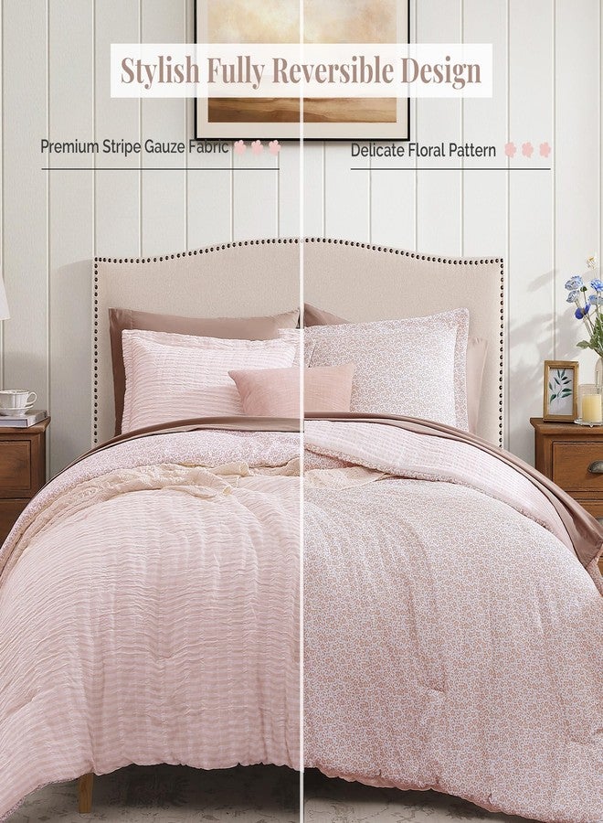 BLOOMHAVEN Queen Comforter Set - 7 Pieces Pink Gauze Muslin Bedding Sets for All Seasonss, Lightweight Breathable Bed in a Bag Queen with Revesible Farmhouse Comforter, Sheets, Pillowcases & Shams - Image 4