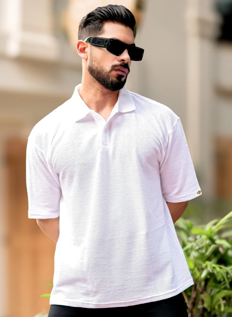 Maniac Maniac Mens Polo Neck 3/4th Sleeve White Corduroy Fabric Tshirt