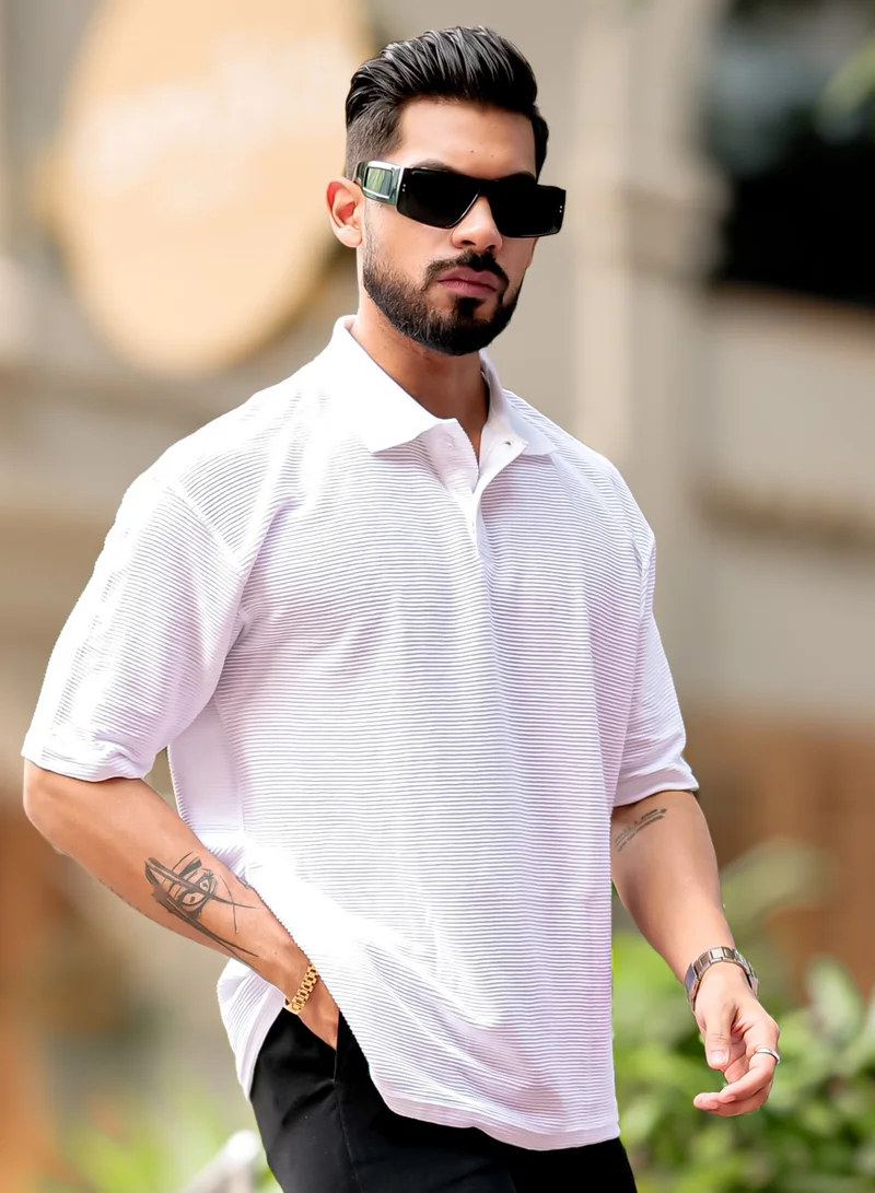 Maniac Maniac Mens Polo Neck 3/4th Sleeve White Corduroy Fabric Tshirt
