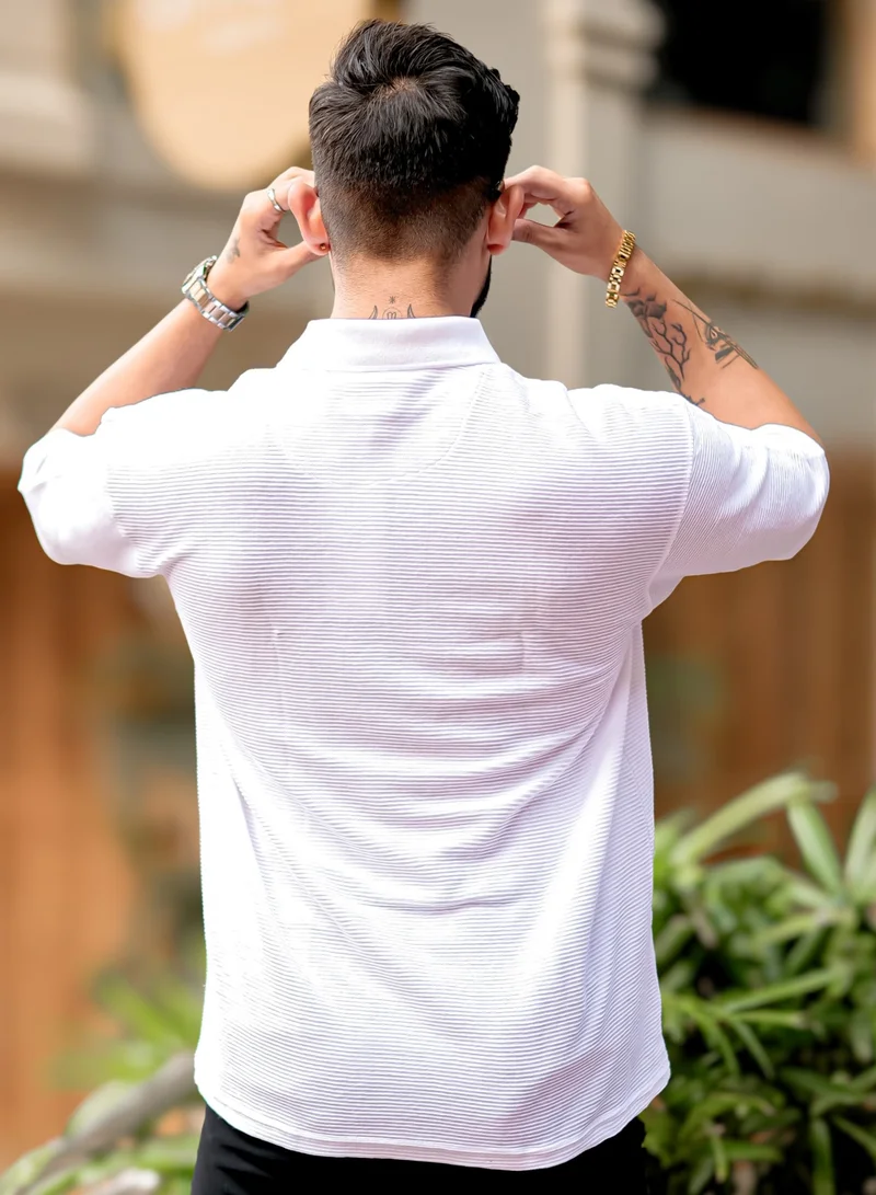 Maniac Maniac Mens Polo Neck 3/4th Sleeve White Corduroy Fabric Tshirt