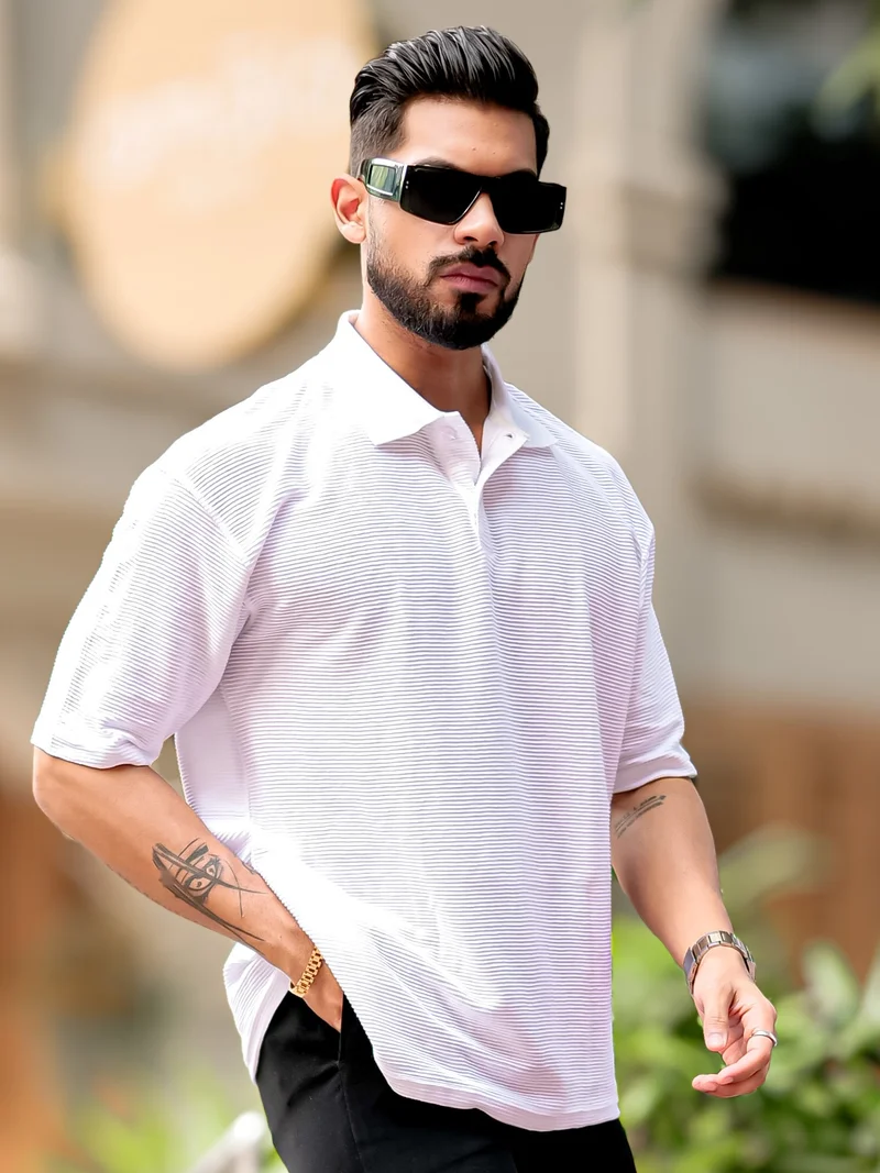 Maniac Maniac Mens Polo Neck 3/4th Sleeve White Corduroy Fabric Tshirt