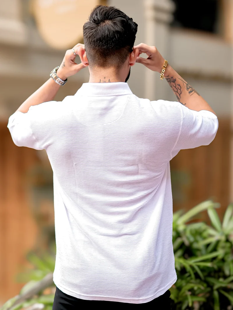 Maniac Maniac Mens Polo Neck 3/4th Sleeve White Corduroy Fabric Tshirt