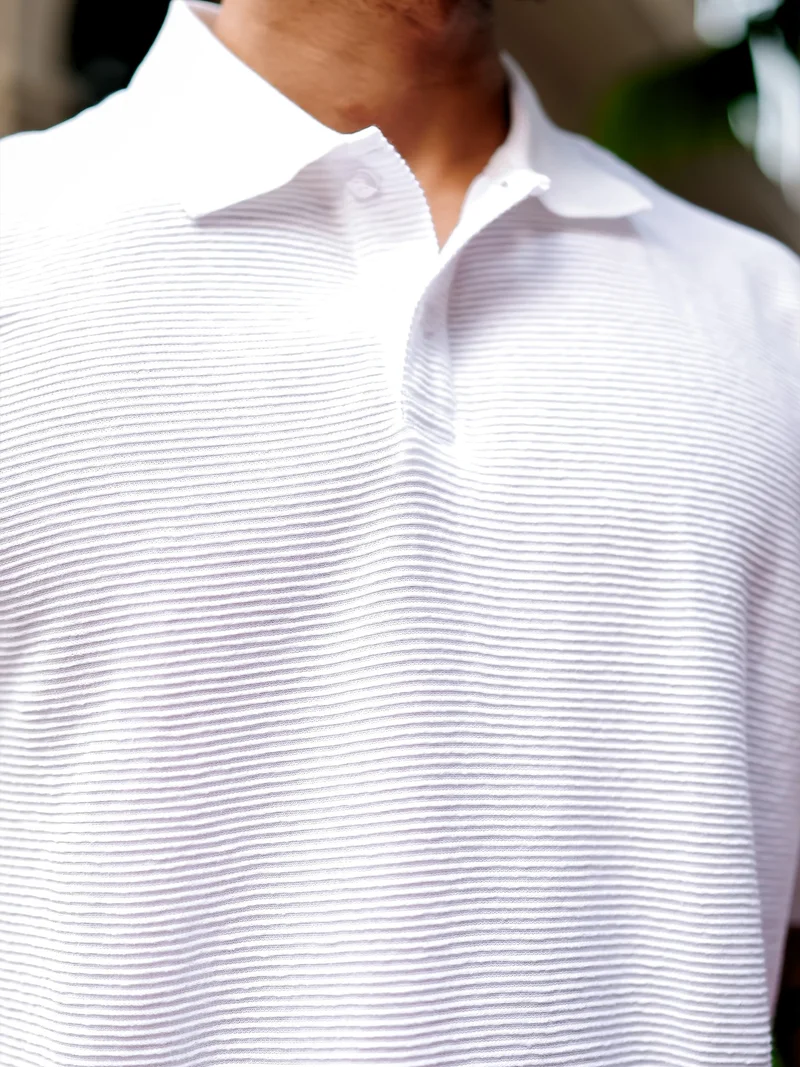 Maniac Maniac Mens Polo Neck 3/4th Sleeve White Corduroy Fabric Tshirt