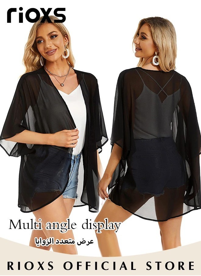 RIOXS - Women Chiffon Casual Beach Cover Ups Solid Color Cardigan Kimono Robe Tops Loose Capes Beach Bikini Cover Up Blouse Swimsuit Dress - Image 1