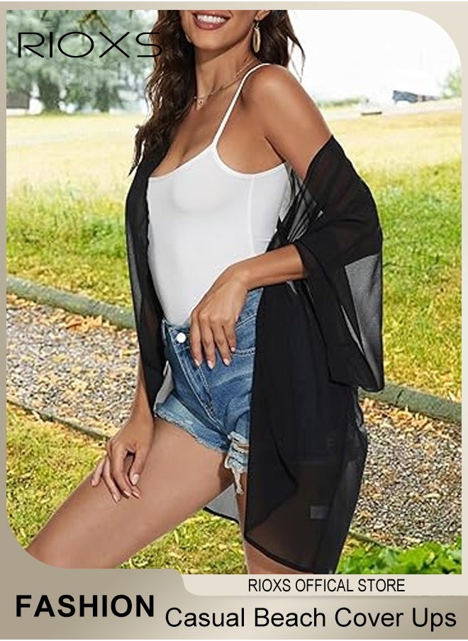 RIOXS - Women Chiffon Casual Beach Cover Ups Solid Color Cardigan Kimono Robe Tops Loose Capes Beach Bikini Cover Up Blouse Swimsuit Dress - Image 1