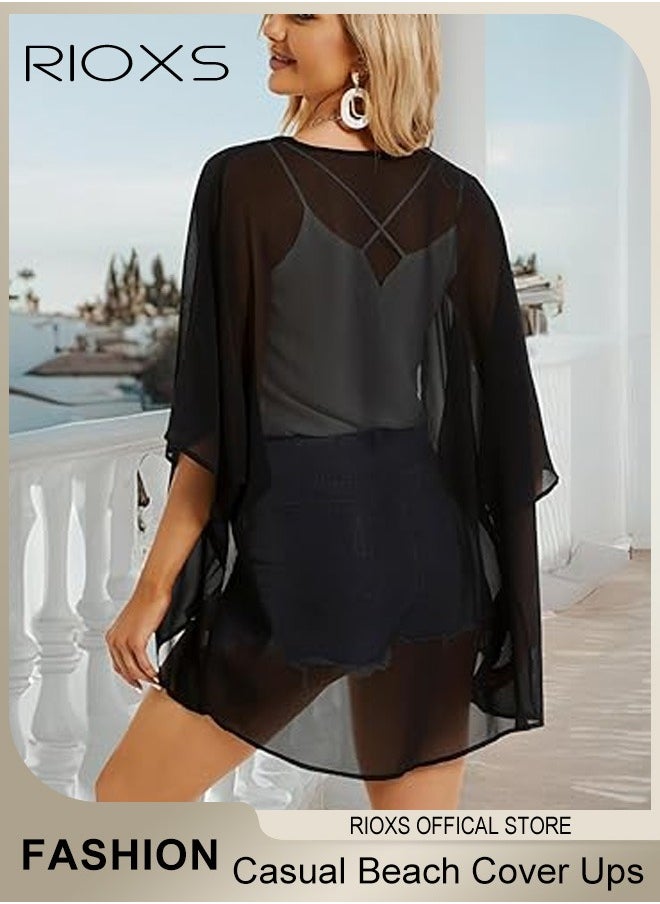 RIOXS - Women Chiffon Casual Beach Cover Ups Solid Color Cardigan Kimono Robe Tops Loose Capes Beach Bikini Cover Up Blouse Swimsuit Dress - Image 1