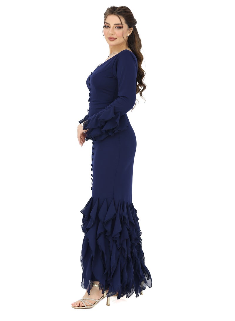 Modern Design Long-sleeved occasion dress made of chiffon material, with long sleeves with ruffles at the top and bottom, elegant ruffles with elegant buttons, a great choice for special occasions and parties. It f - Image 2