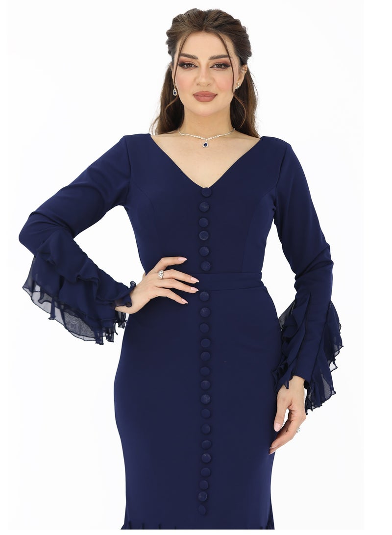 Modern Design Long-sleeved occasion dress made of chiffon material, with long sleeves with ruffles at the top and bottom, elegant ruffles with elegant buttons, a great choice for special occasions and parties. It f - Image 3