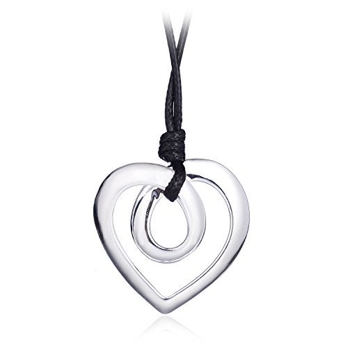 welbijoux Heart Shape Long Pendant Necklace Silver Plated Black PU Leather Rope Long Chain Necklace for Women - Image 1