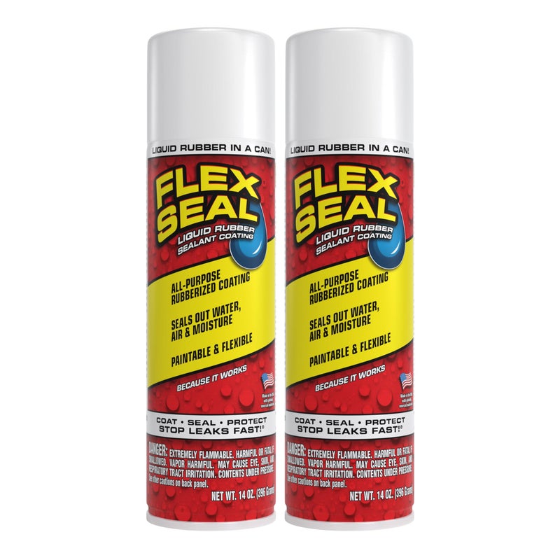 Flex Seal, 14 oz, 2-Pack, White, Stop Leaks Instantly, Waterproof Rubber Spray On Sealant Coating, Perfect for Gutters, Wood, RV, Campers, Roof Repair, Skylights, Windows, and More - Image 1