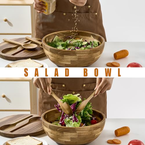 JOYMAY Salad Bowls Wood Salad Bowl Set with Lid 11.8 Inch Large Wooden Bowls Set Acacia Wood Serving-Bowl with Serving Utensils Bowl for Kitchen, Dining, Party - Image 5