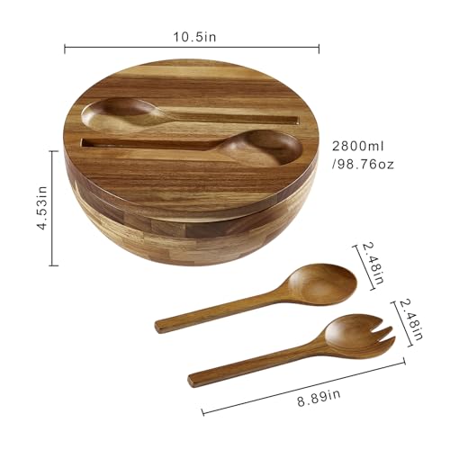 JOYMAY Salad Bowls Wood Salad Bowl Set with Lid 11.8 Inch Large Wooden Bowls Set Acacia Wood Serving-Bowl with Serving Utensils Bowl for Kitchen, Dining, Party - Image 2