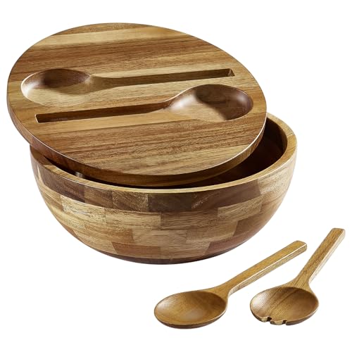 JOYMAY Salad Bowls Wood Salad Bowl Set with Lid 11.8 Inch Large Wooden Bowls Set Acacia Wood Serving-Bowl with Serving Utensils Bowl for Kitchen, Dining, Party - Image 1