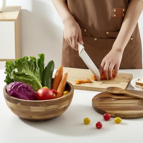 JOYMAY Salad Bowls Wood Salad Bowl Set with Lid 11.8 Inch Large Wooden Bowls Set Acacia Wood Serving-Bowl with Serving Utensils Bowl for Kitchen, Dining, Party - Image 3