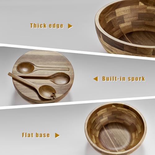 JOYMAY Salad Bowls Wood Salad Bowl Set with Lid 11.8 Inch Large Wooden Bowls Set Acacia Wood Serving-Bowl with Serving Utensils Bowl for Kitchen, Dining, Party - Image 4
