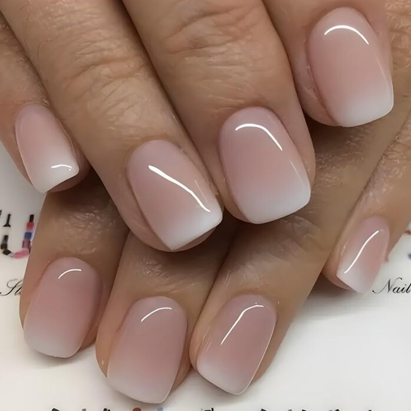 HJKDSFD French Tip Press On Nails - Short Square Pink White Gradient False Nails with Design - Glossy Acrylic Artificial Nails - Full Cover Stick On Nails - 24 Pcs DIY Manicure - Image 1