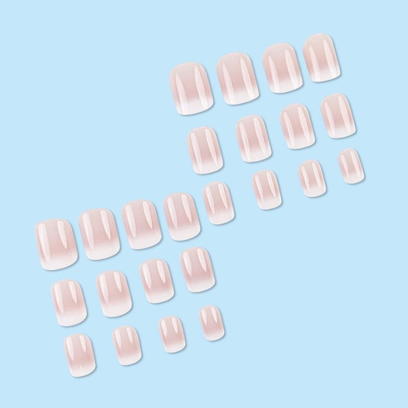 HJKDSFD French Tip Press On Nails - Short Square Pink White Gradient False Nails with Design - Glossy Acrylic Artificial Nails - Full Cover Stick On Nails - 24 Pcs DIY Manicure - Image 4