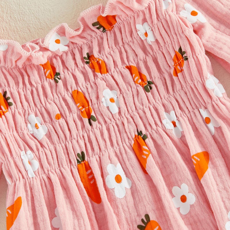 Lamuusaa Newborn Baby Girl Easter Outfit Smocked Bunny/Carrot Romper Cotton Linen Bodysuit Headband Summer Clothes 0-18M (Beige-Carrot, 6-12 Months) - Image 4