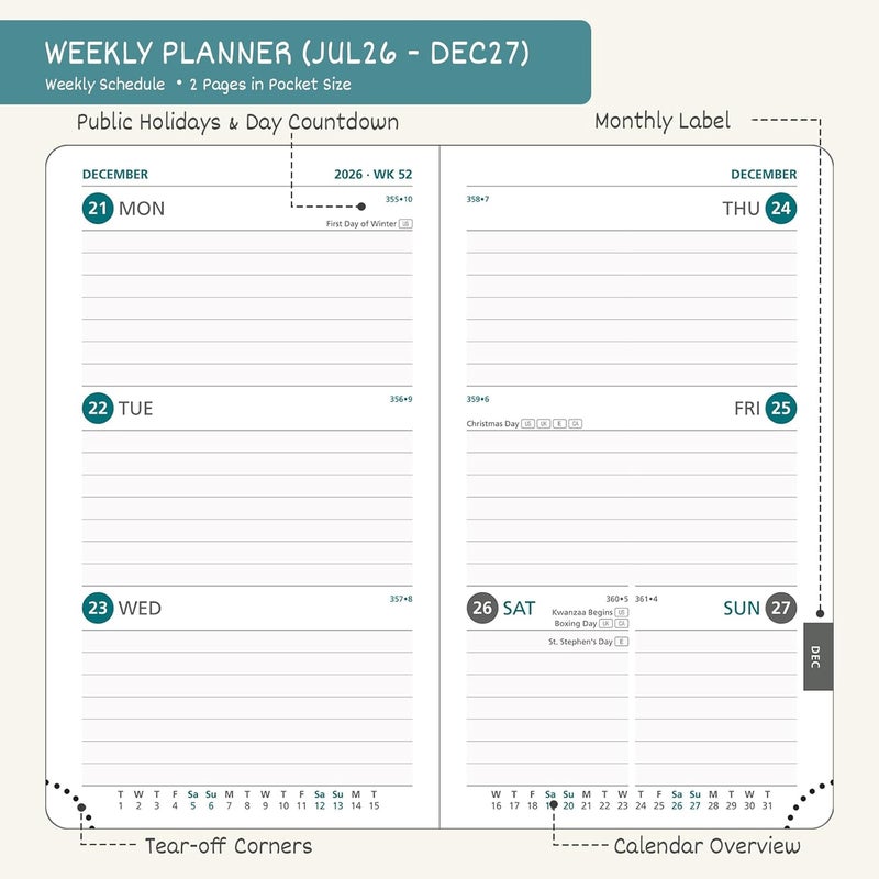 BEZEND Pocket Diary 2026-2027 Week to View Academic Year 18 Month (Jul'26 - Dec'27), A6 15.5 x 9 cm Small Weekly Planner with Pen Holder & PU Leather Hardback, Cornflower - Image 2