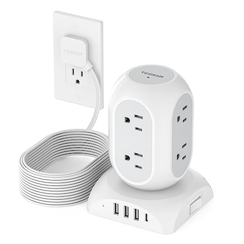 TESSAN Surge Protector Power Strip Tower, Flat Plug Extension Cord 10 Ft with 8 AC Multiple Outlets 4 USB Ports (1 USB C), 1050J Protection Desk Charging Station for Home, Office Supplies, Dorm Room - Image 1