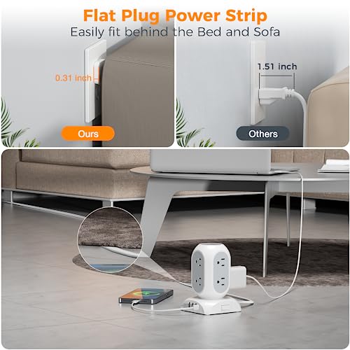 TESSAN Surge Protector Power Strip Tower, Flat Plug Extension Cord 10 Ft with 8 AC Multiple Outlets 4 USB Ports (1 USB C), 1050J Protection Desk Charging Station for Home, Office Supplies, Dorm Room - Image 2