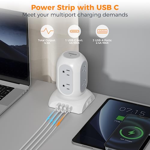 TESSAN Surge Protector Power Strip Tower, Flat Plug Extension Cord 10 Ft with 8 AC Multiple Outlets 4 USB Ports (1 USB C), 1050J Protection Desk Charging Station for Home, Office Supplies, Dorm Room - Image 3
