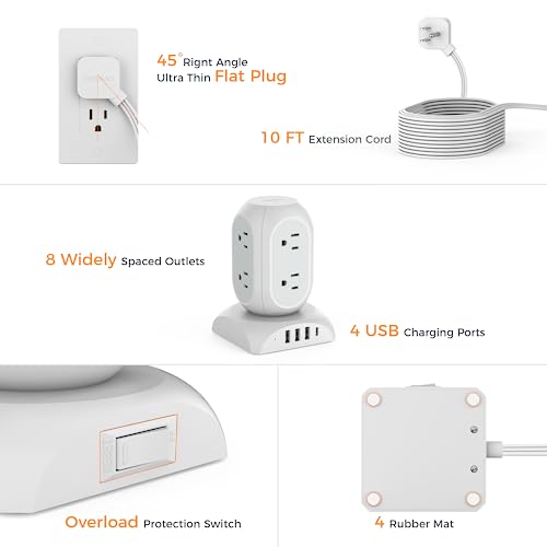 TESSAN Surge Protector Power Strip Tower, Flat Plug Extension Cord 10 Ft with 8 AC Multiple Outlets 4 USB Ports (1 USB C), 1050J Protection Desk Charging Station for Home, Office Supplies, Dorm Room - Image 4