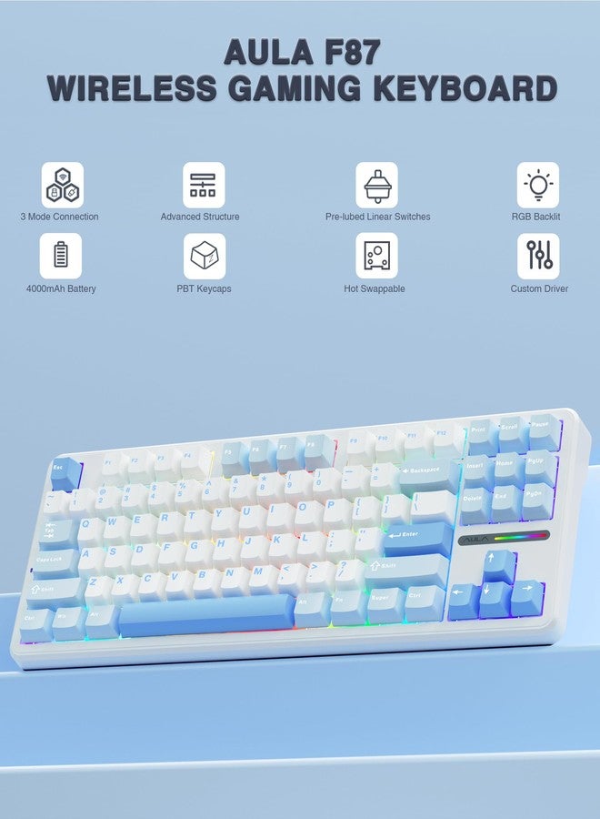 AULA F87 Wireless Mechanical Keyboard, 75% TKL Custom Hot Swappable Gaming Keyboards with PBT Keycaps, Pre-lubed Greywood Switches, RGB Backlit Creamy Keyboard, 2.4GHz/USB-C/BT5.0 - Image 2