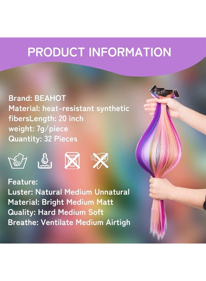 BEAHOT 32 PCS Colored Clip in Hair Extensions 20 Inch Rainbow Long Straight Hairpieces Clip in Synthetic, Halloween Cosplay Dress Up Fashion Party Christmas New Year Gift for Women Kids Girls - Image 2