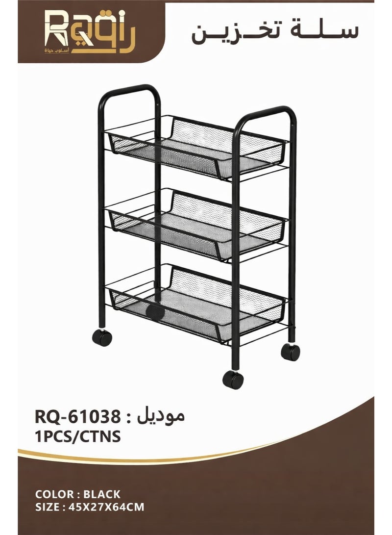 Raqi 3-Tier Metal Rolling Storage Rack with Wheels – Multi-Purpose Storage Shelves for Kitchen, Bathroom & Laundry Room – Space Saving Organizer – Black - Image 1