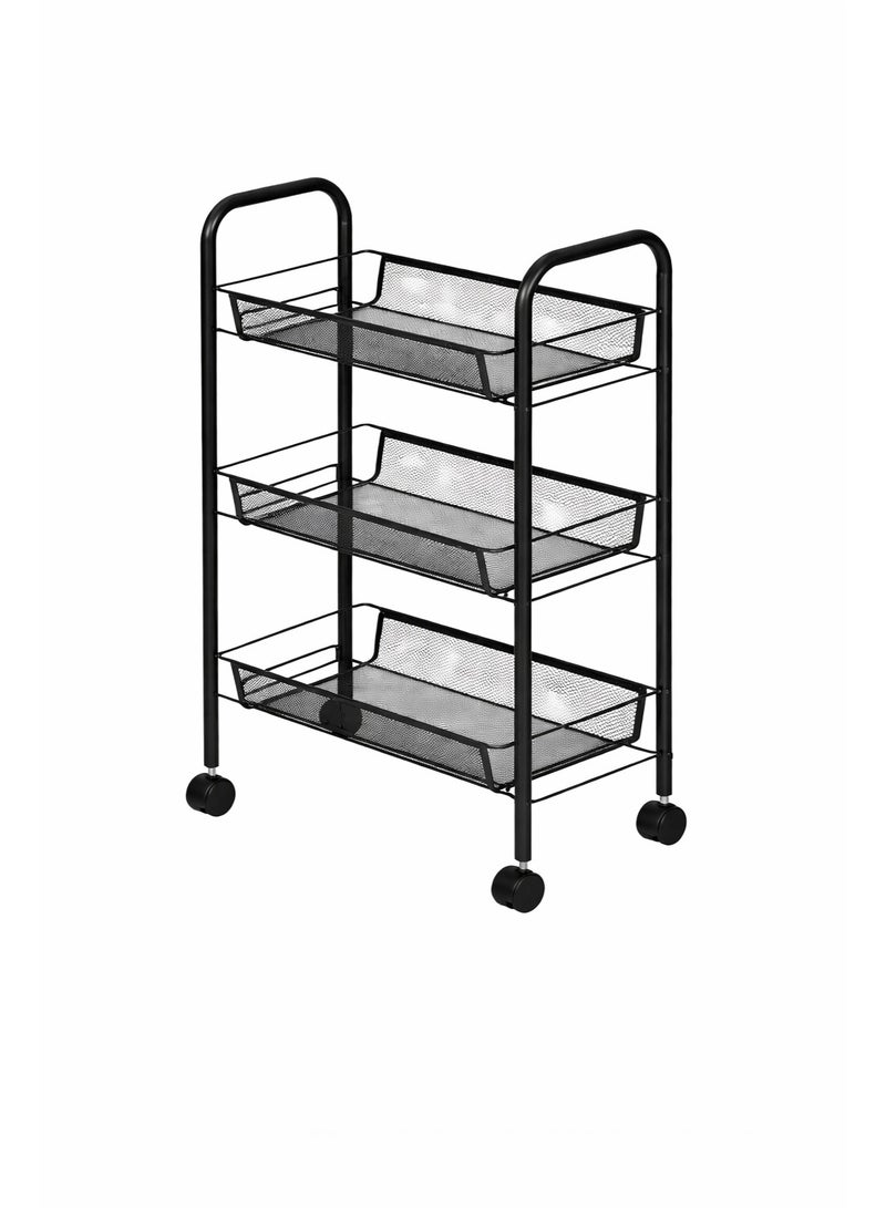 Raqi 3-Tier Metal Rolling Storage Rack with Wheels – Multi-Purpose Storage Shelves for Kitchen, Bathroom & Laundry Room – Space Saving Organizer – Black - Image 2