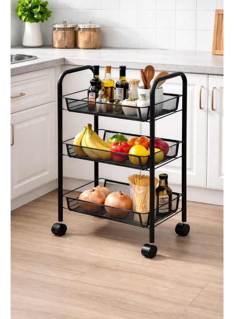Raqi 3-Tier Metal Rolling Storage Rack with Wheels – Multi-Purpose Storage Shelves for Kitchen, Bathroom & Laundry Room – Space Saving Organizer – Black - Image 3