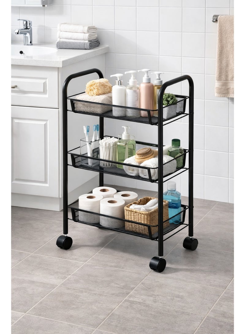 Raqi 3-Tier Metal Rolling Storage Rack with Wheels – Multi-Purpose Storage Shelves for Kitchen, Bathroom & Laundry Room – Space Saving Organizer – Black - Image 4