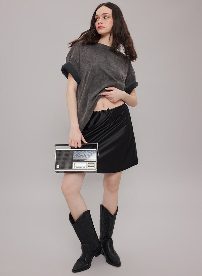 trendyol Black Satin Fabric A Line/Flare Cut Waist Detailed Mini Skirt - Image 1