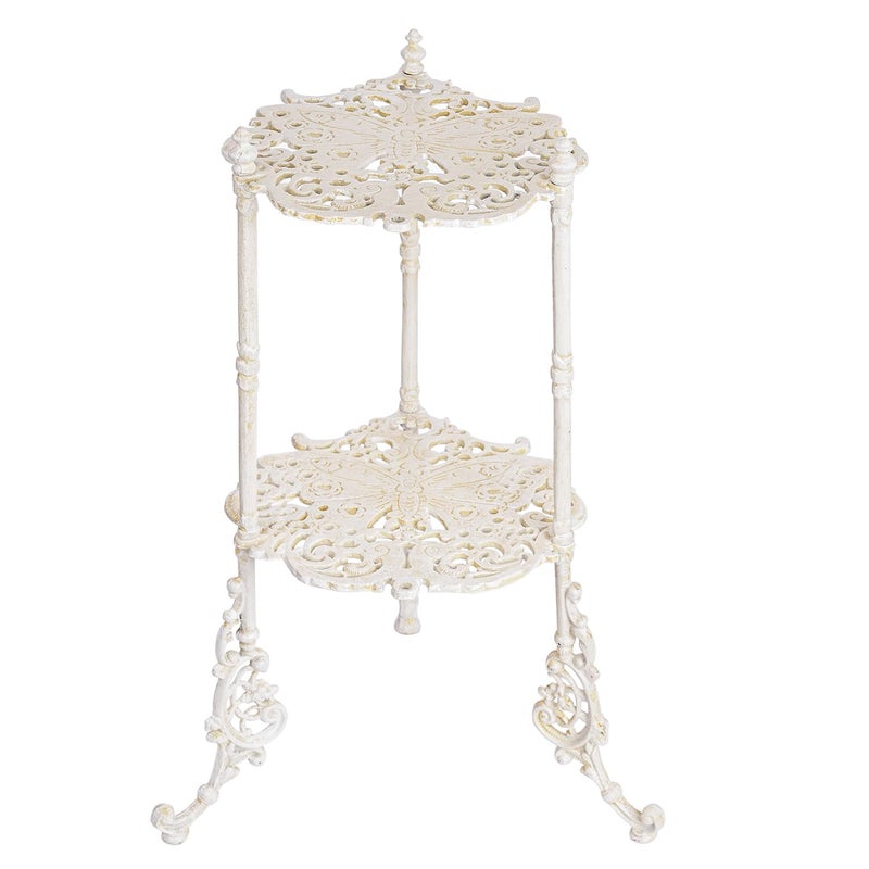 Sungmor Vintage Cast Iron 2-Tier Plant Stand, Elegant Butterfly & Floral Design with Antique White Finish, 24 Inch Tall Rustic Flower Pot Holder, Heavy Duty Metal Display Shelf for Indoor and Outdoor - Image 1