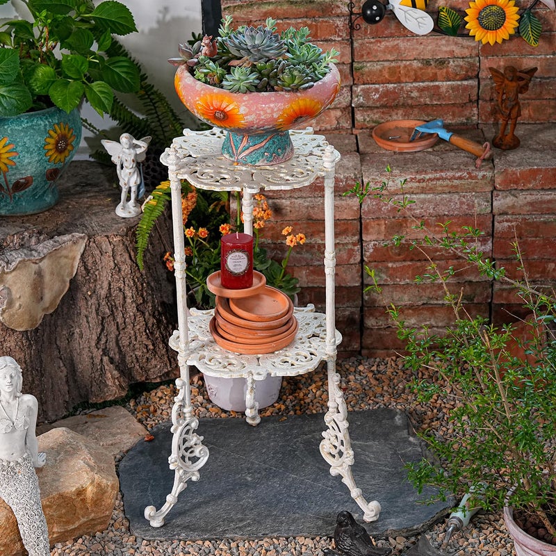 Sungmor Vintage Cast Iron 2-Tier Plant Stand, Elegant Butterfly & Floral Design with Antique White Finish, 24 Inch Tall Rustic Flower Pot Holder, Heavy Duty Metal Display Shelf for Indoor and Outdoor - Image 4